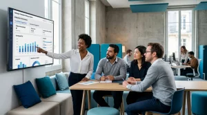 Équipe marketing collaborant sur des campagnes publicitaires sur les réseaux sociaux